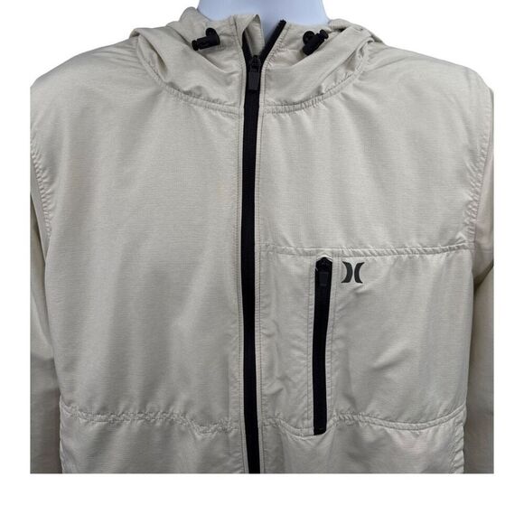 Hurley Men’s Hooded Windbreaker Jacket Beige Zip Front Size Medium M - Picture 2 of 11